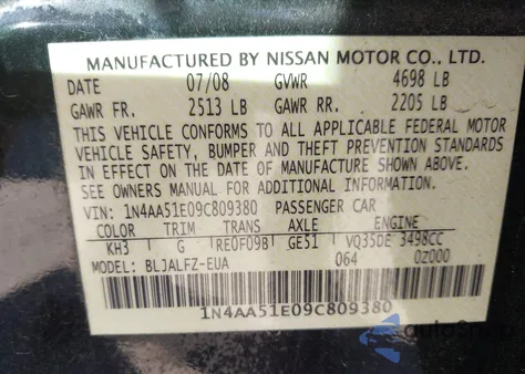 2009 Nissan Maxima 3.5 Sv из США, поврежденный, VIN 1N4AA51E09C809380